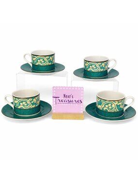 Misono PAVILLION 4856 Green Rim Tan Scroll Ceramic Oven Safe Cup Saucer Set of 4